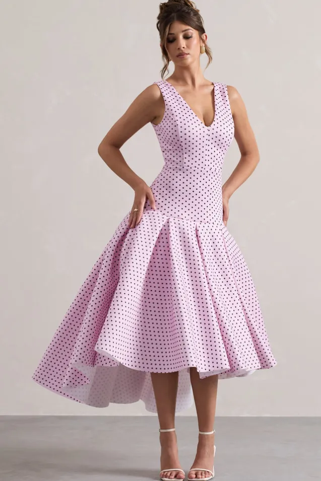 Amoret | Pink Polka Dot Plunge-Neck Maxi Dress With Volume Hem