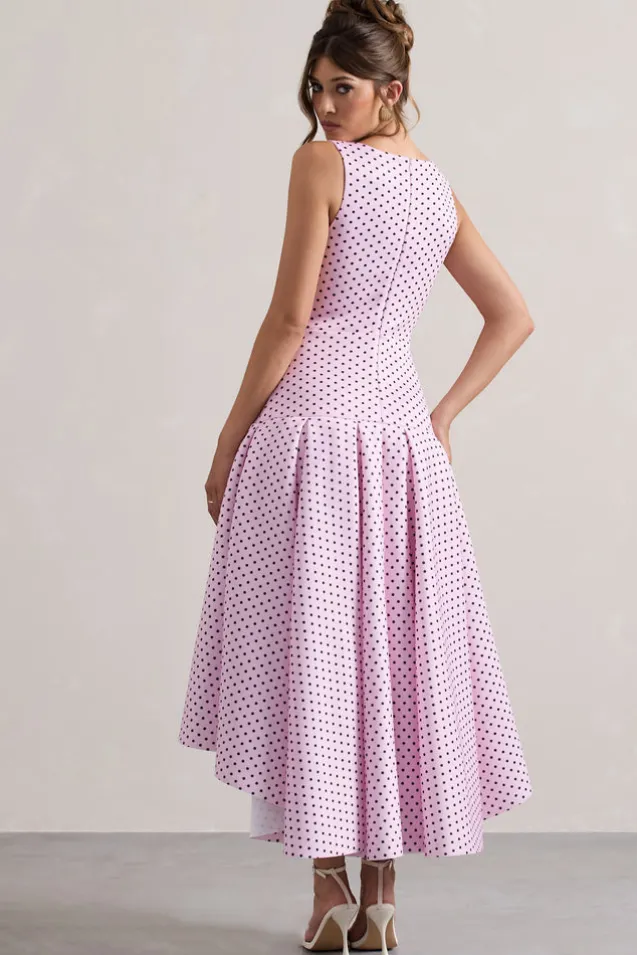 Amoret | Pink Polka Dot Plunge-Neck Maxi Dress With Volume Hem