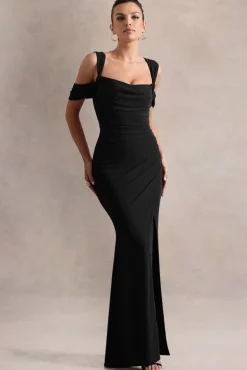 Amoura | Black Square-Neck Draped Wrap Maxi Dress