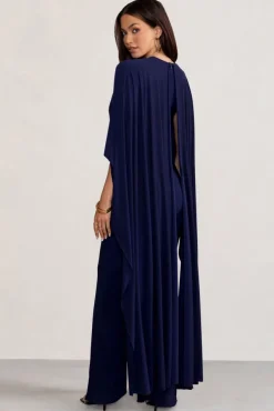 Anais | Navy Plunge Jumpsuit with Cape