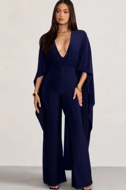 Anais | Navy Plunge Jumpsuit with Cape