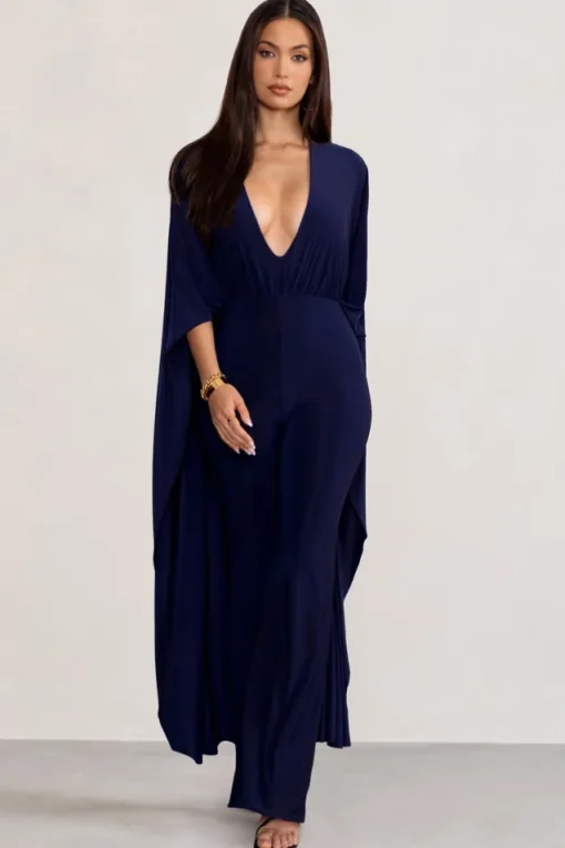 Anais | Navy Plunge Jumpsuit with Cape