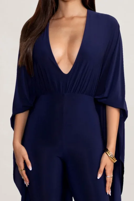 Anais | Navy Plunge Jumpsuit with Cape