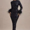Analina | Navy Sequin Long-Sleeved Midi Dress With Feather Cuffs