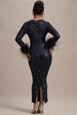 Analina | Navy Sequin Long-Sleeved Midi Dress With Feather Cuffs