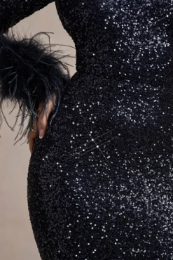 Analina | Navy Sequin Long-Sleeved Midi Dress With Feather Cuffs