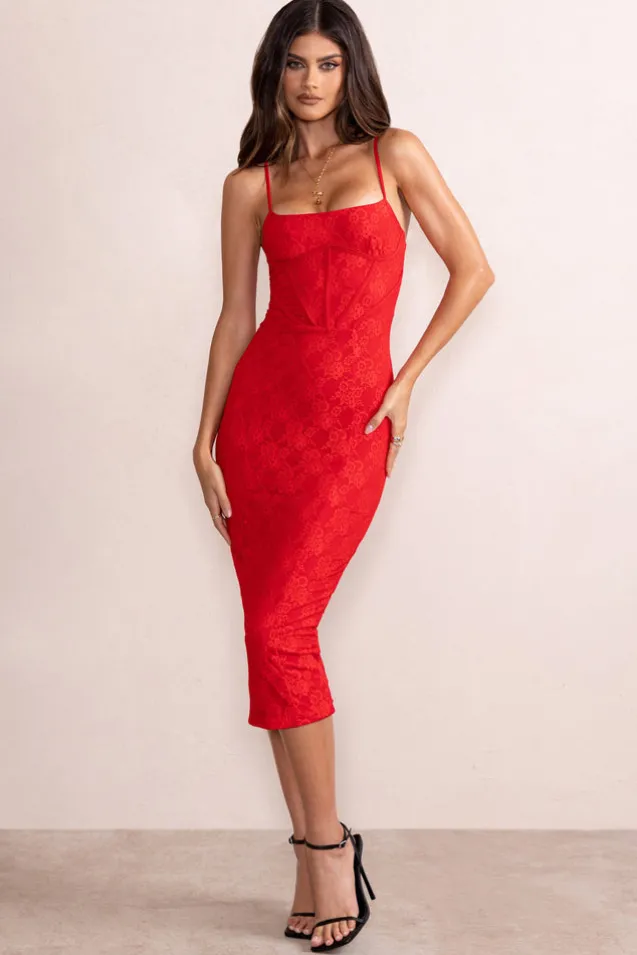Anele | Red Lace Overlay Corset Midi Dress