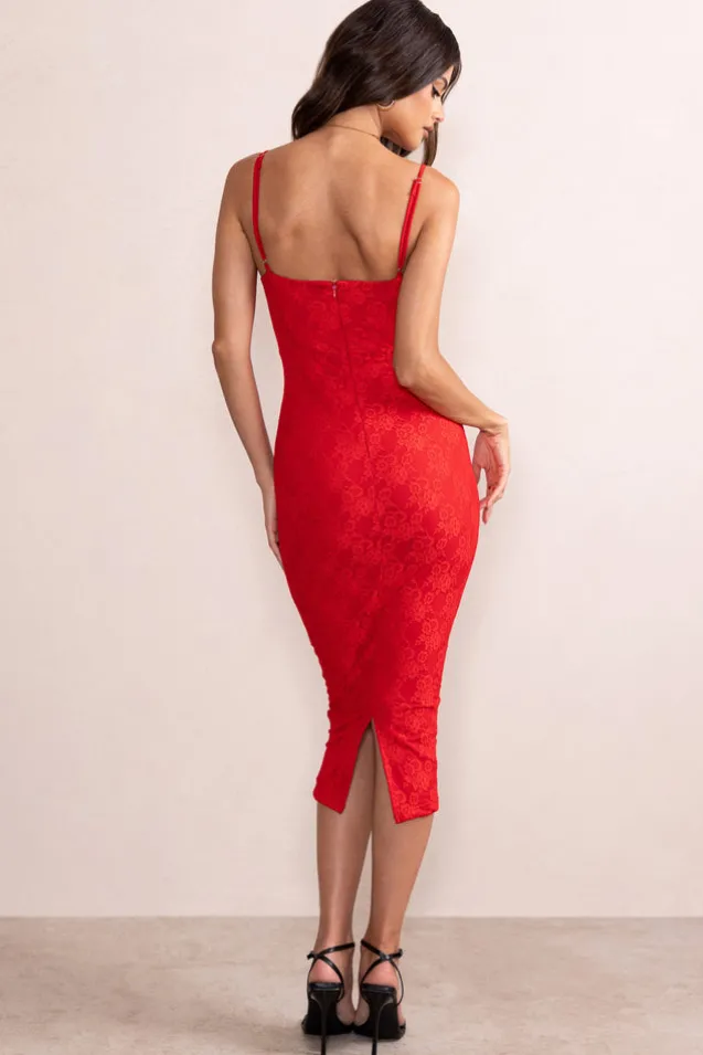 Anele | Red Lace Overlay Corset Midi Dress
