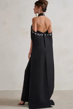 Angel | Black High Neck Jumpsuit with Cold Shoulder Cape Sleeves