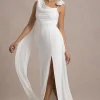 Angeline | White Chiffon Draped Split Maxi Dress With Corsages