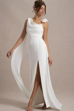 Angeline | White Chiffon Draped Split Maxi Dress With Corsages