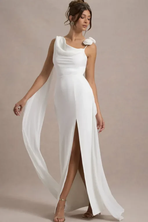 Angeline | White Chiffon Draped Split Maxi Dress With Corsages