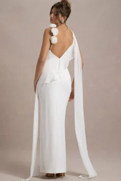 Angeline | White Chiffon Draped Split Maxi Dress With Corsages