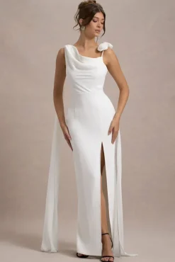 Angeline | White Chiffon Draped Split Maxi Dress With Corsages