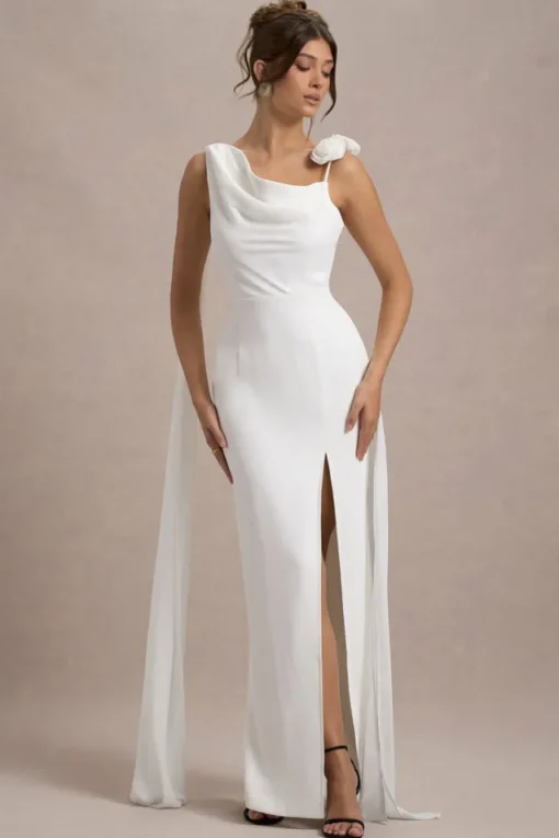 Angeline | White Chiffon Draped Split Maxi Dress With Corsages
