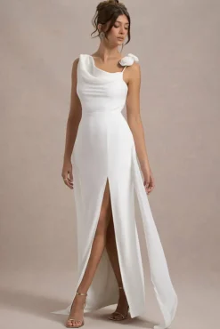 Angeline | White Chiffon Draped Split Maxi Dress With Corsages