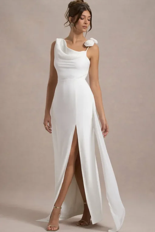 Angeline | White Chiffon Draped Split Maxi Dress With Corsages
