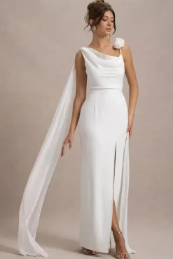 Angeline | White Chiffon Draped Split Maxi Dress With Corsages