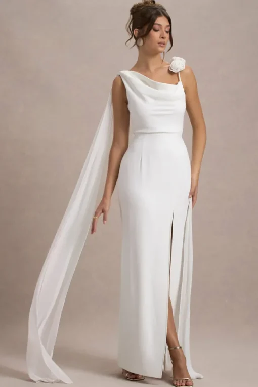 Angeline | White Chiffon Draped Split Maxi Dress With Corsages