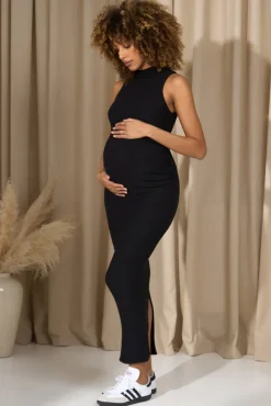Anika | Black High-Neck Sleeveless Split Maternity Maxi Dress