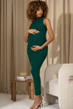 Anika | Bottle Green High-Neck Sleeveless Split Maternity Maxi Dress