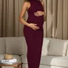 Anika | Burgundy High-Neck Sleeveless Split Maternity Maxi Dress