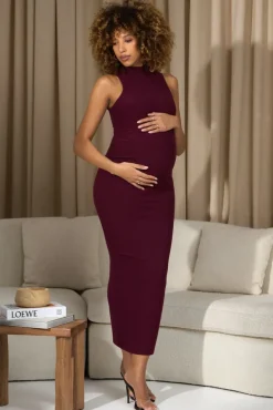 Anika | Burgundy High-Neck Sleeveless Split Maternity Maxi Dress