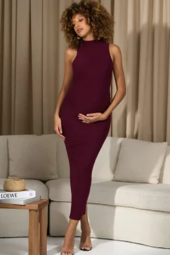 Anika | Burgundy High-Neck Sleeveless Split Maternity Maxi Dress