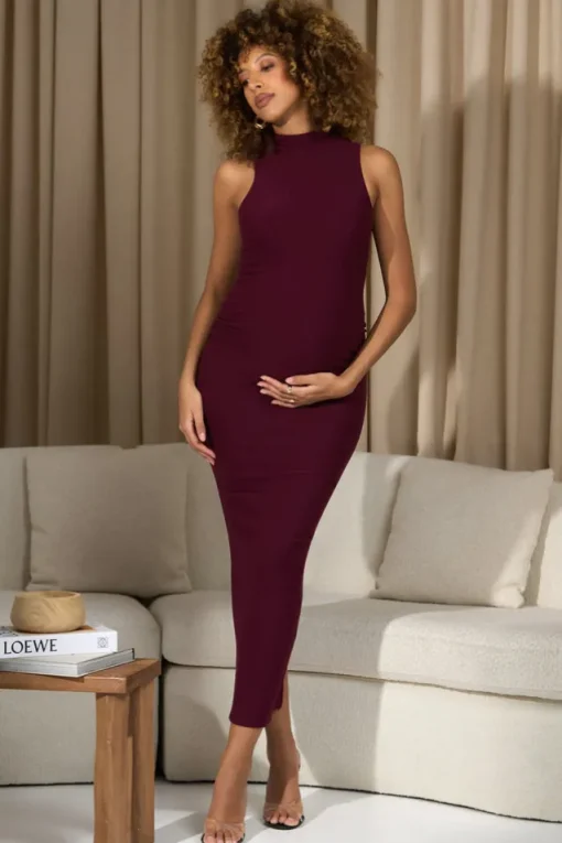 Anika | Burgundy High-Neck Sleeveless Split Maternity Maxi Dress