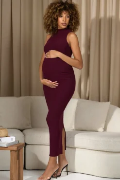 Anika | Burgundy High-Neck Sleeveless Split Maternity Maxi Dress