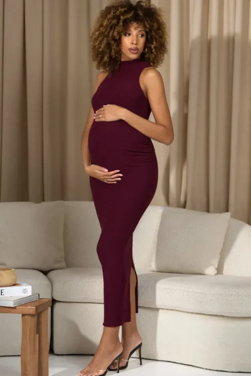 Anika | Burgundy High-Neck Sleeveless Split Maternity Maxi Dress