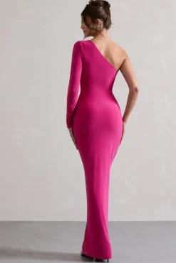 Anima | Dark Pink Asymmetric Ruched One-Sleeve Maxi Dress