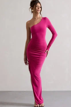 Anima | Dark Pink Asymmetric Ruched One-Sleeve Maxi Dress