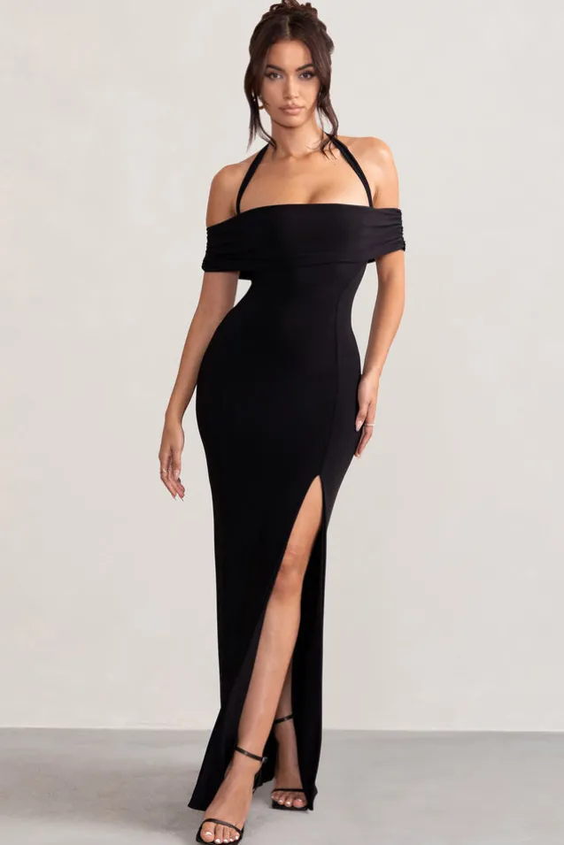 Anisa | Black Halter Neck Bardot Maxi Dress With Thigh Split