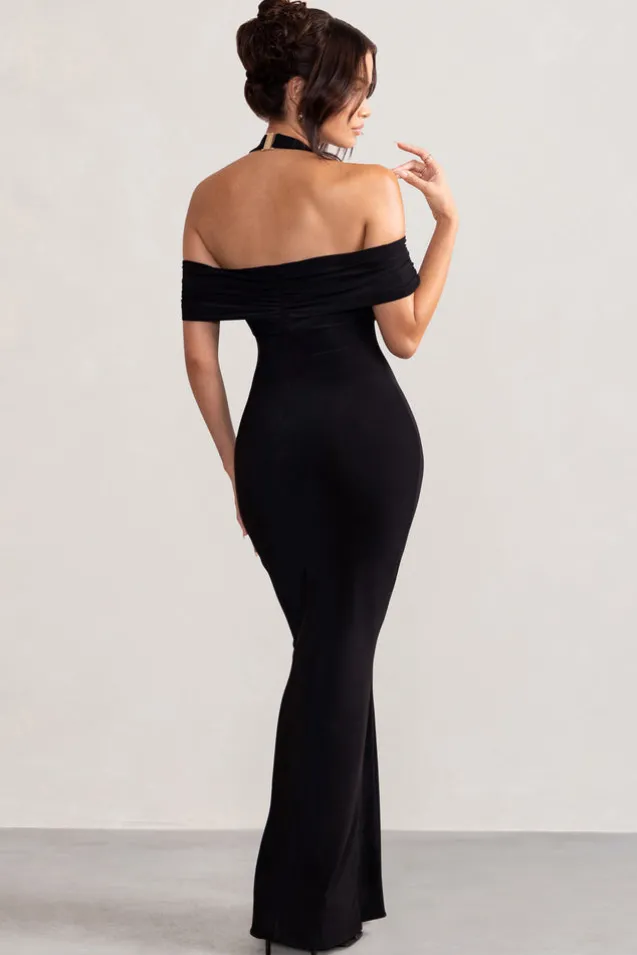 Anisa | Black Halter Neck Bardot Maxi Dress With Thigh Split