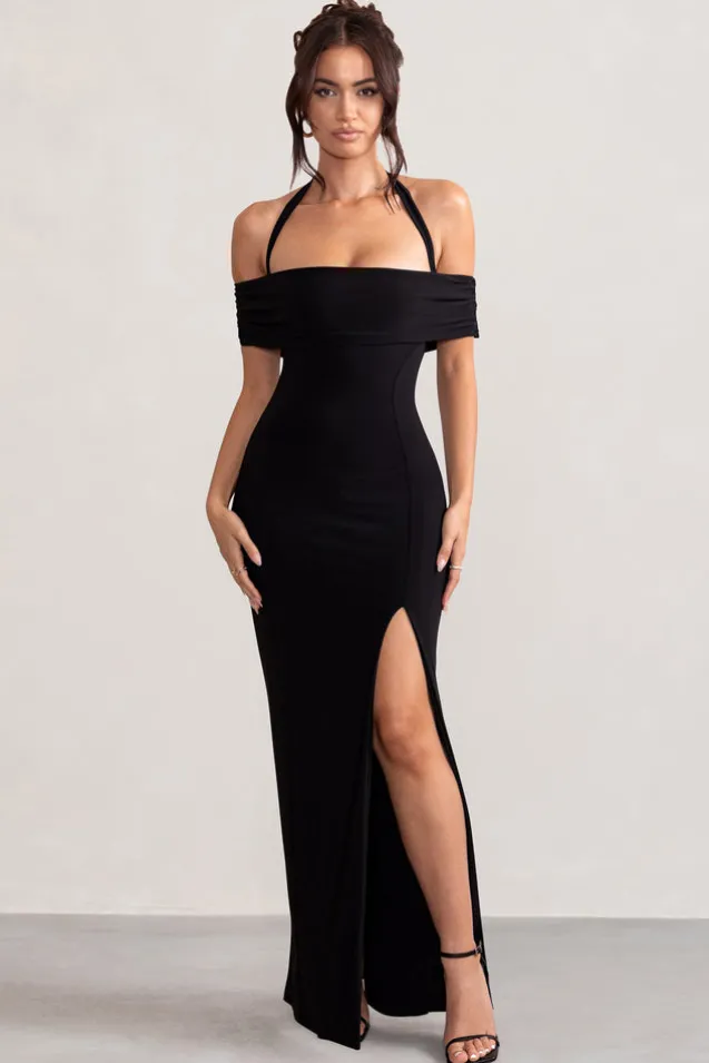 Anisa | Black Halter Neck Bardot Maxi Dress With Thigh Split