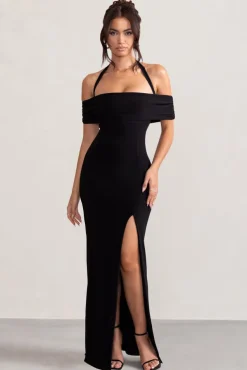 Anisa | Black Halter Neck Bardot Maxi Dress With Thigh Split