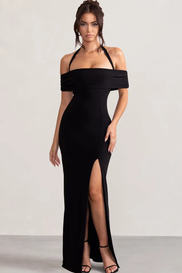 Anisa | Black Halter Neck Bardot Maxi Dress With Thigh Split