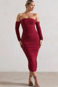 Anissa | Berry Ruched Bardot Midi Dress