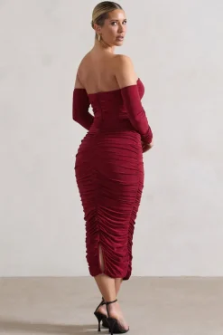 Anissa | Berry Ruched Bardot Midi Dress