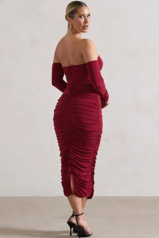 Anissa | Berry Ruched Bardot Midi Dress