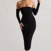Anissa | Black Ruched Bardot Midi Dress