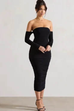Anissa | Black Ruched Bardot Midi Dress