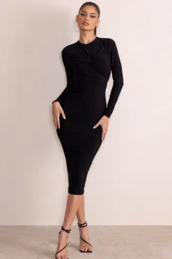 Anna | Black High Neck Twist Front Bodycon Midi Dress With Long Sleeves