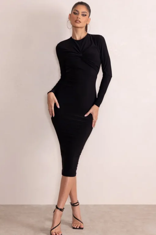 Anna | Black High Neck Twist Front Bodycon Midi Dress With Long Sleeves