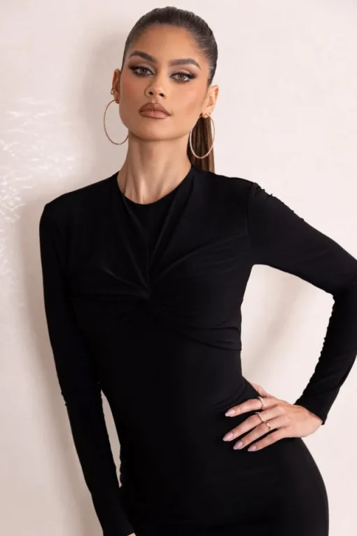 Anna | Black High Neck Twist Front Bodycon Midi Dress With Long Sleeves