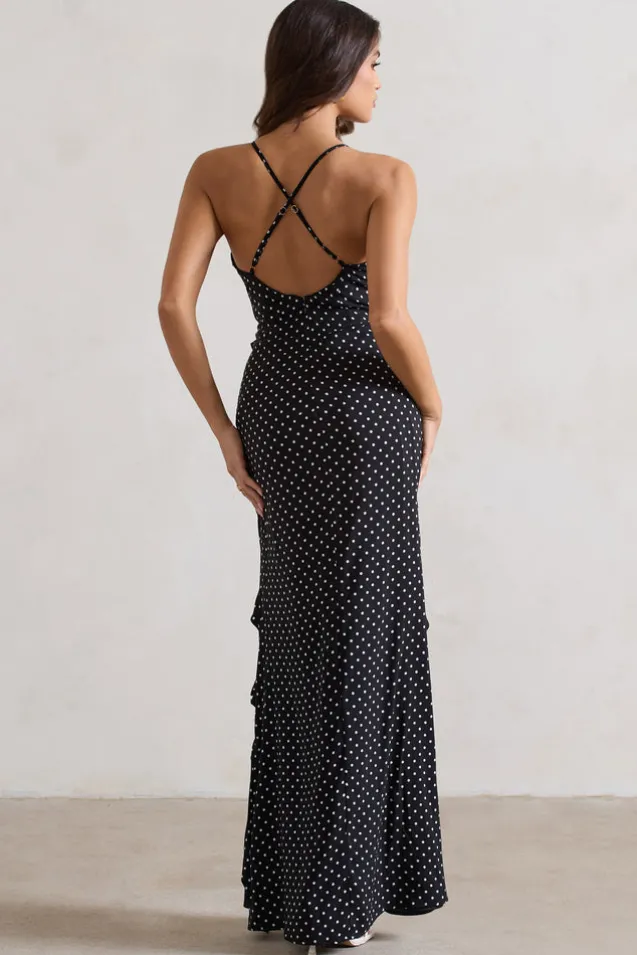 Annabelle | Black Polka Dot Ruffled Maxi Dress With Corsage