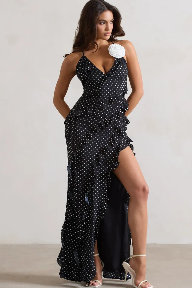 Annabelle | Black Polka Dot Ruffled Maxi Dress With Corsage
