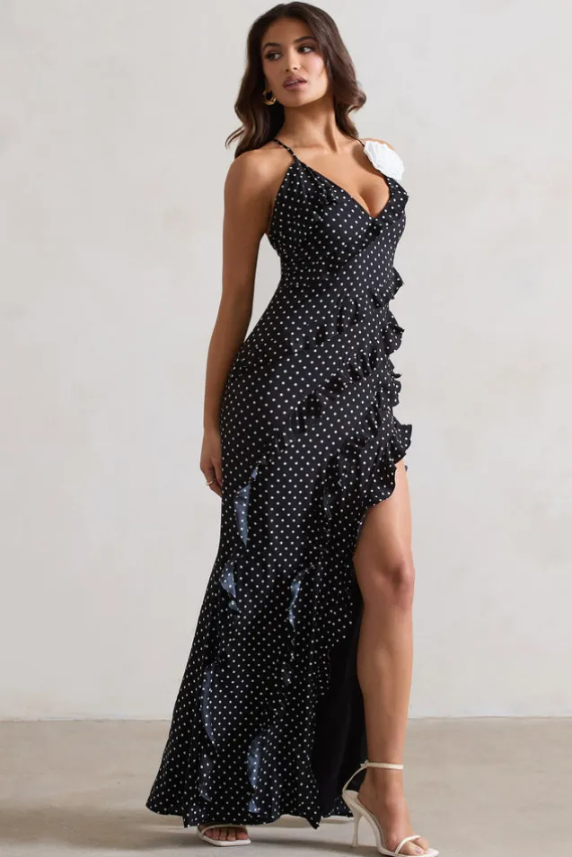 Annabelle | Black Polka Dot Ruffled Maxi Dress With Corsage