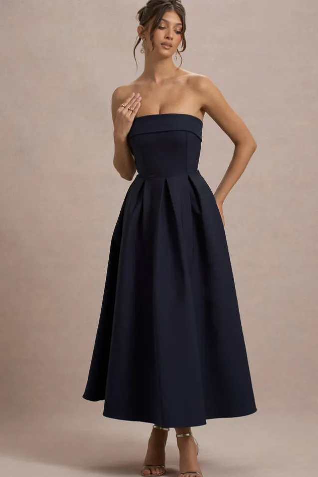 Annalise | Navy Bandeau Skater Midi Dress